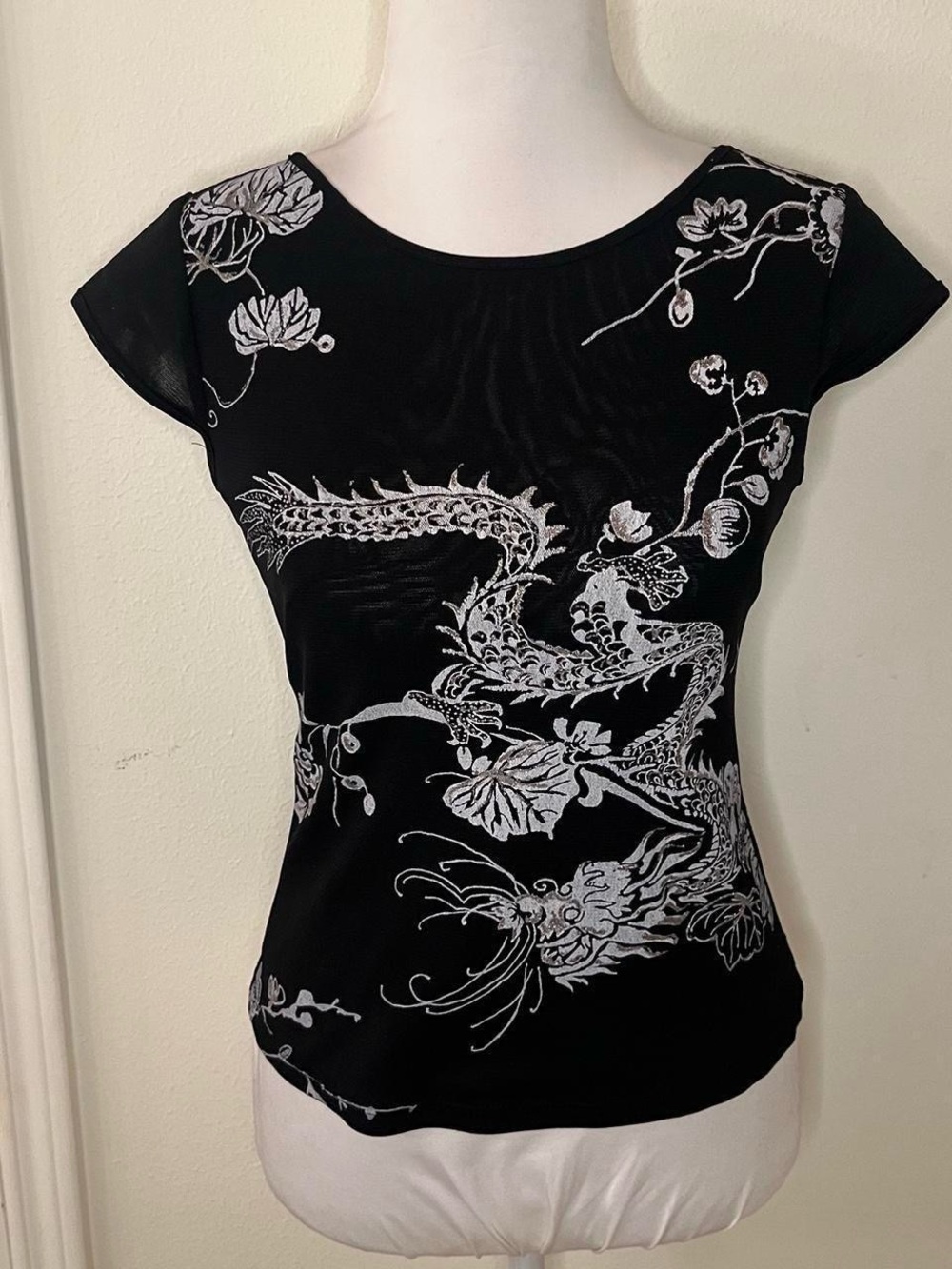 Women’s White Dragon Print Mesh Top